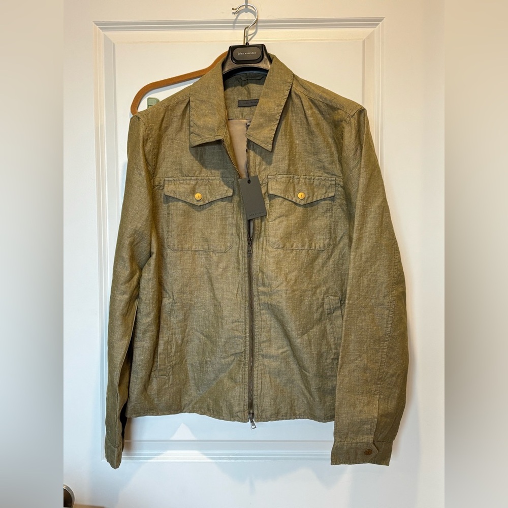 $448 NWT John Varvatos Santiago Shirt Jacket 46 Men's S Khaki Green Linen Zip